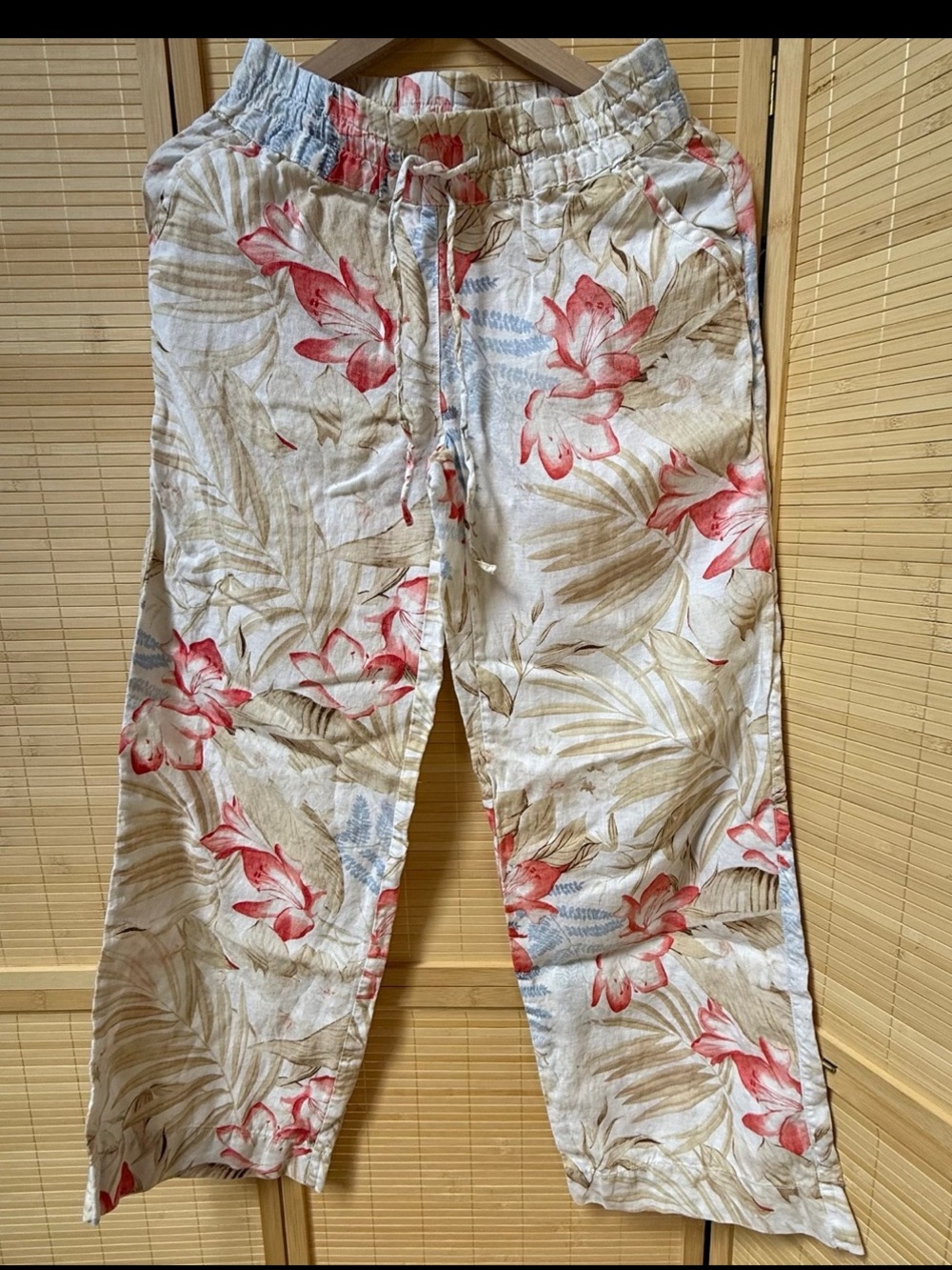 Tommy Bahama Beige Linen-Blend Floral Drawstring Chinos with Coral Accent
